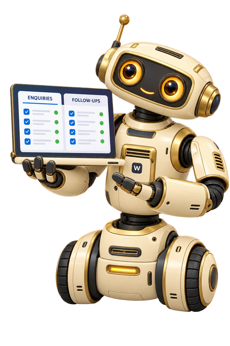 Cream-and-gold robot assistant holding an enquiries and follow-ups dashboard.