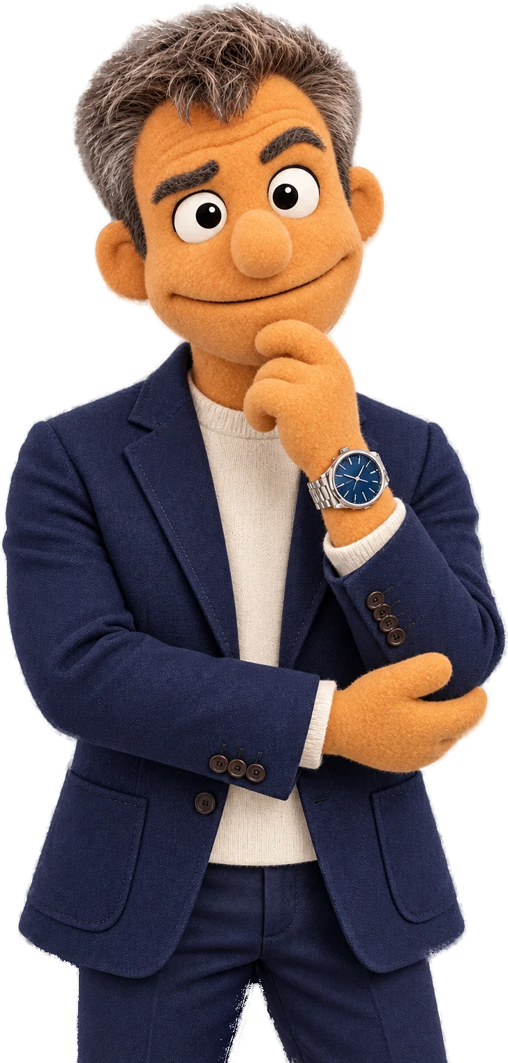 Felt puppet of Iain in a navy blazer, hand on chin, wearing a silver watch.
