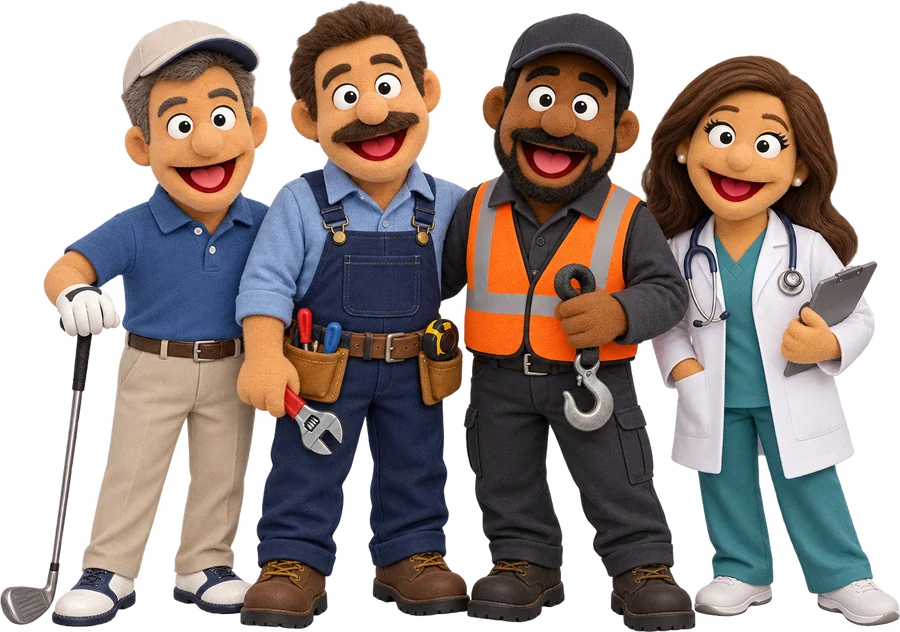 Felt puppets of a golfer, a plumber, a tow truck driver and a doctor