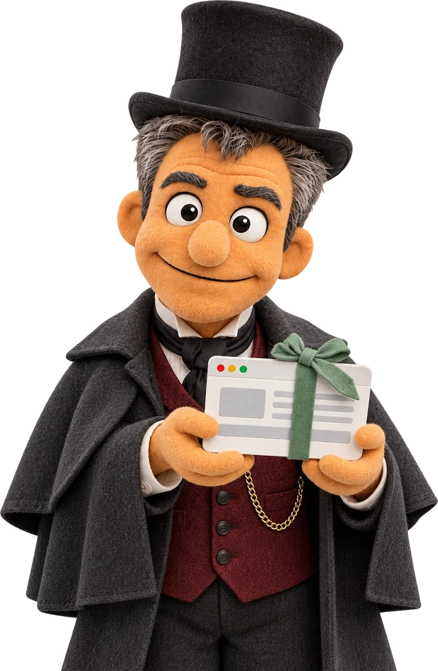 Felt puppet in a top hat and coat holding out a website wrapped with a green ribbon