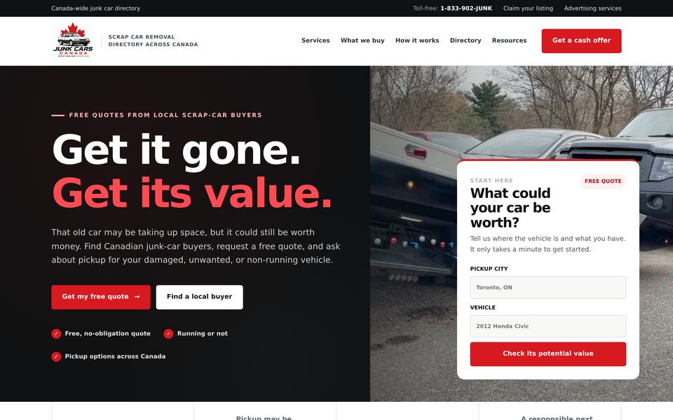 Junk Cars Canada homepage