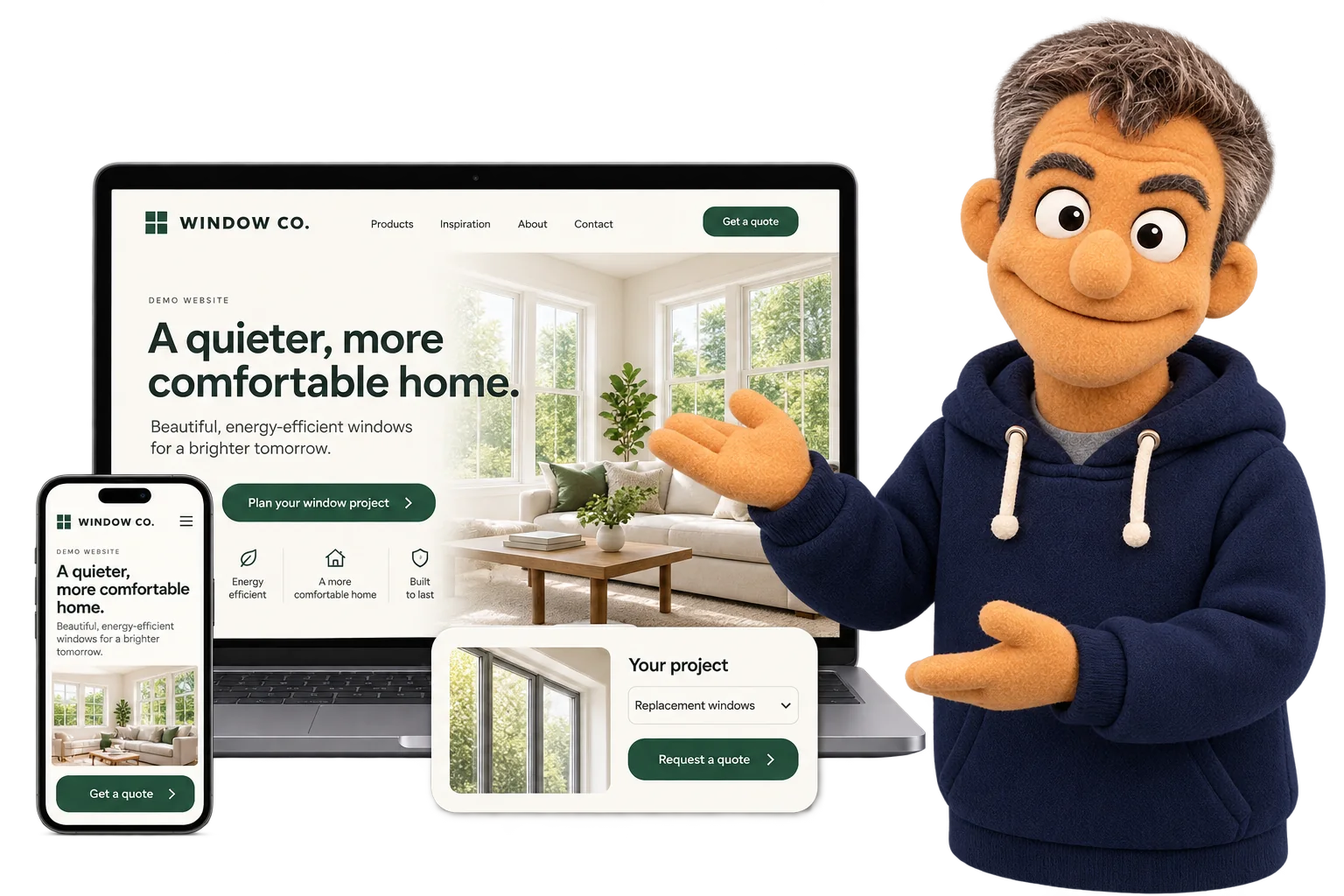 Felt puppet presenting an example window-company website on a laptop and phone.