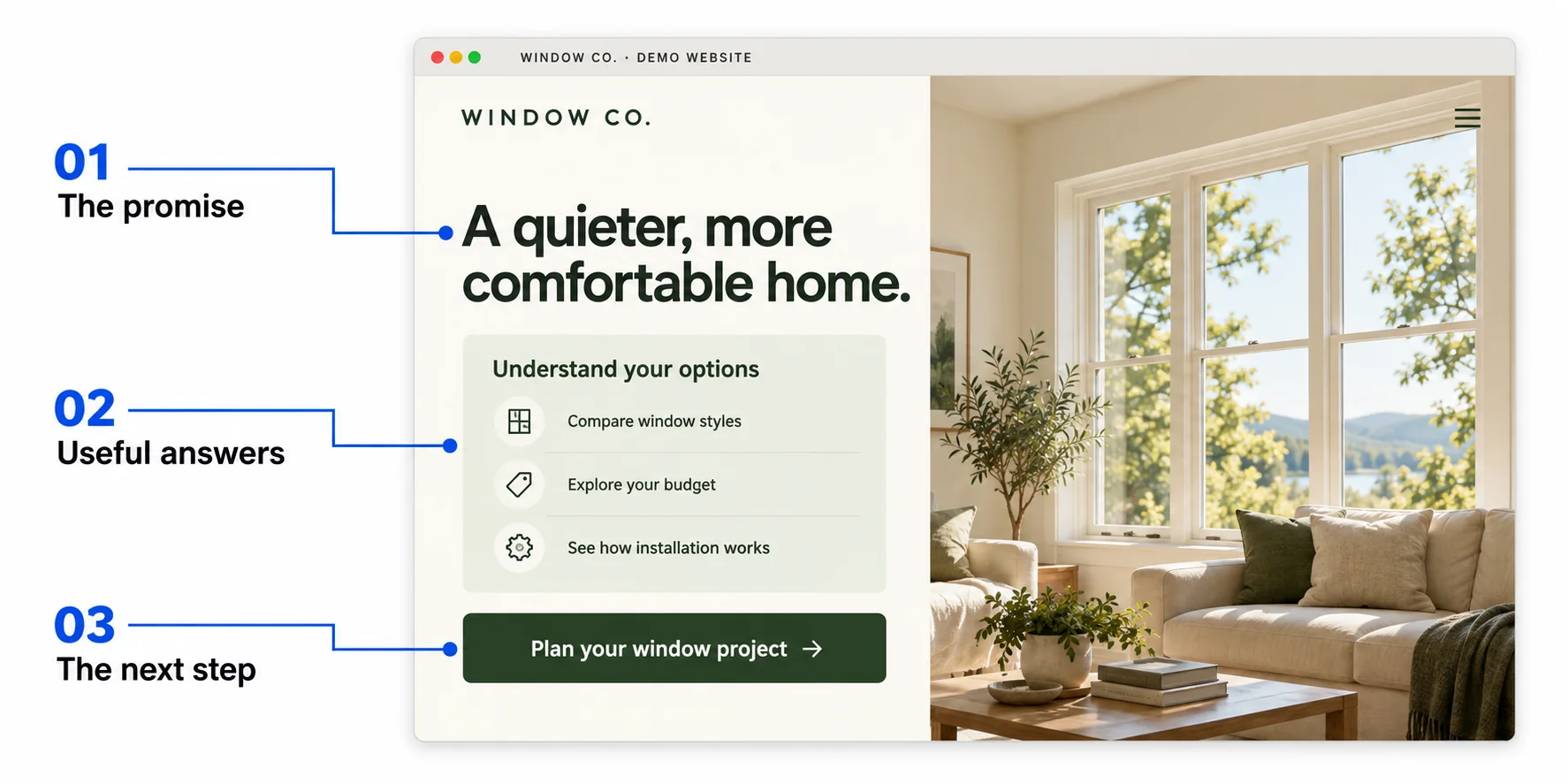 Example homepage annotated to show its promise, useful answers and next step.