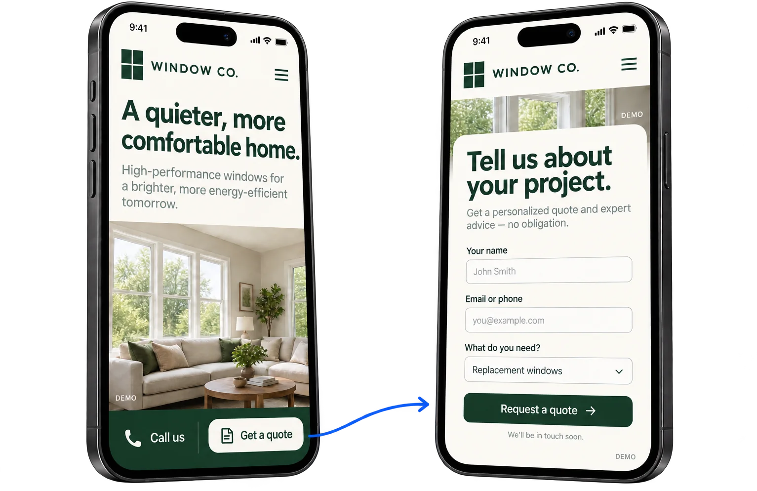 Two example mobile screens showing sticky call and quote buttons followed by a short enquiry form.