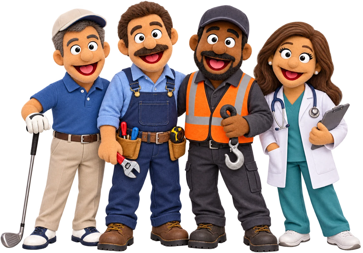 Felt puppet golfer, plumber, tow truck driver and doctor standing together.
