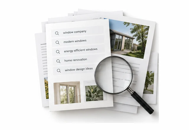 Research notes with search terms, house photos and a magnifying glass