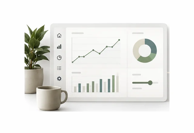 An analytics dashboard with charts beside a plant and coffee cup