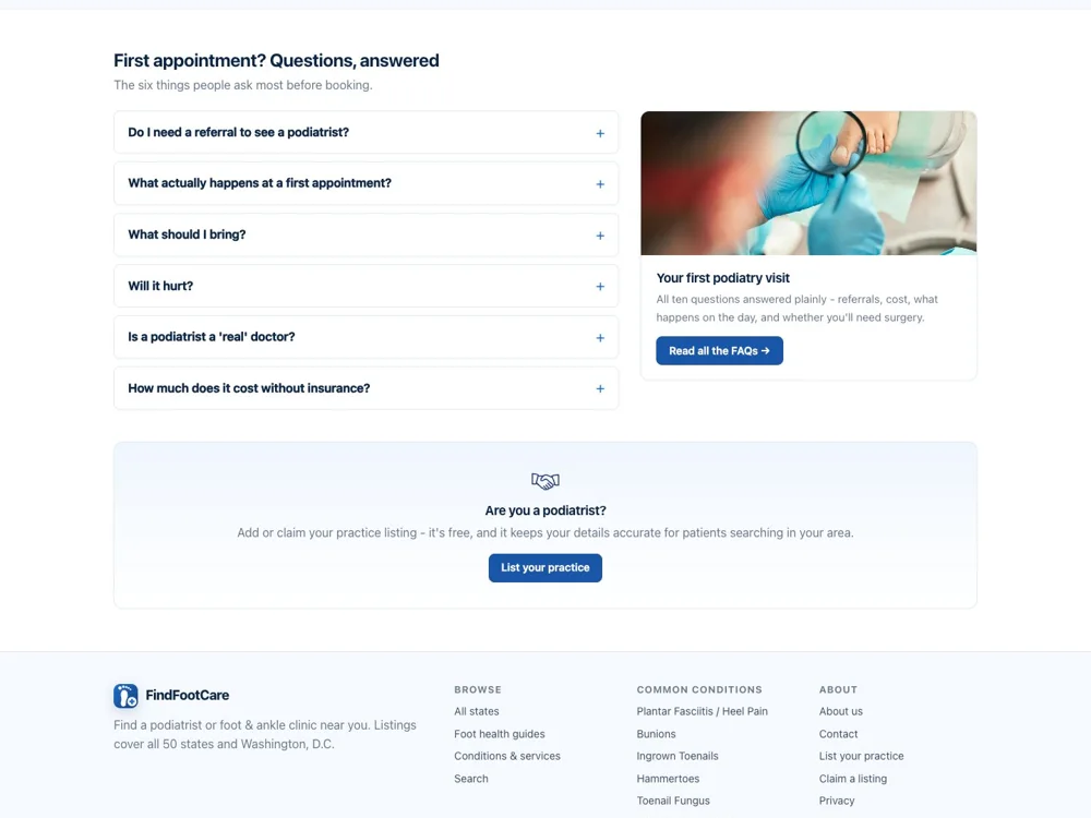 FindFootCare: Answer the first-visit questions.
