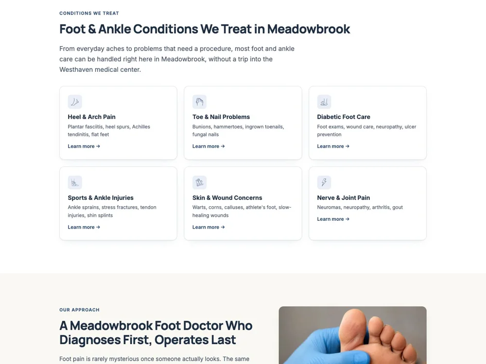 Meadowbrook Podiatry: Use recognisable conditions.