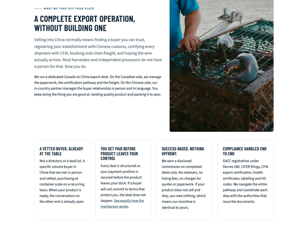 Seafood to China: Explain the complete service.