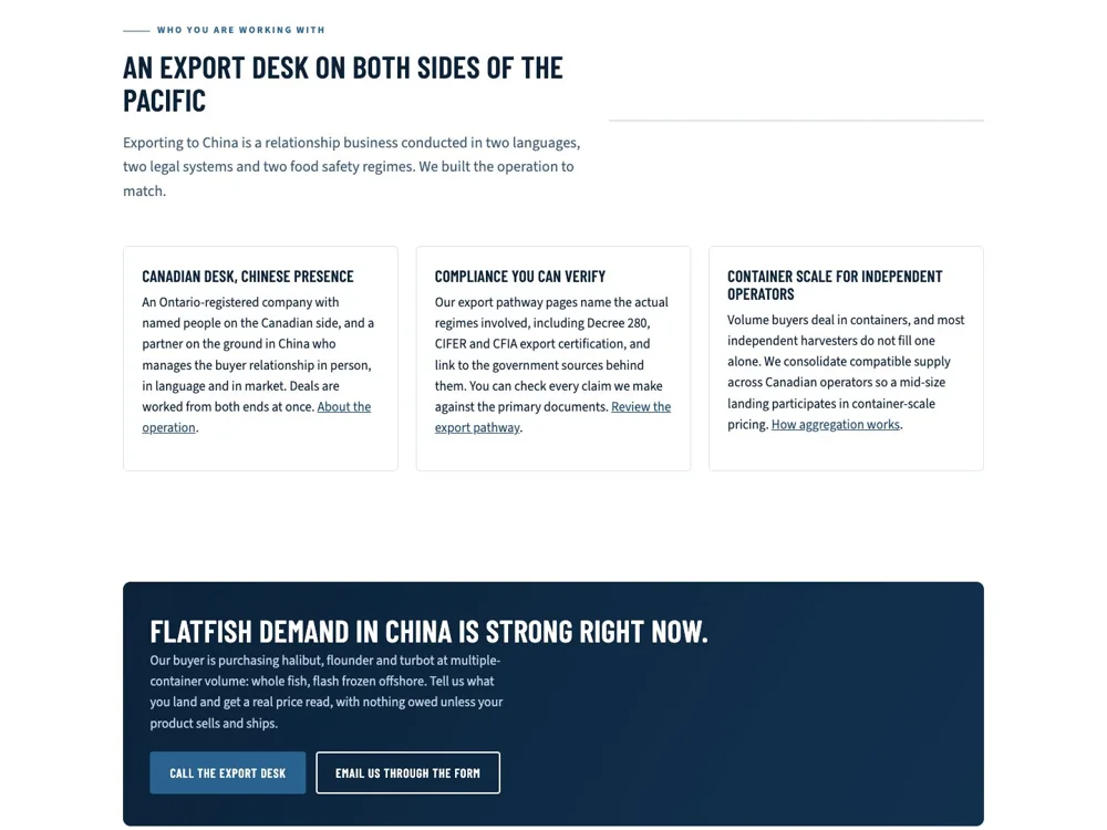 Seafood to China: Explain both sides of the handoff.