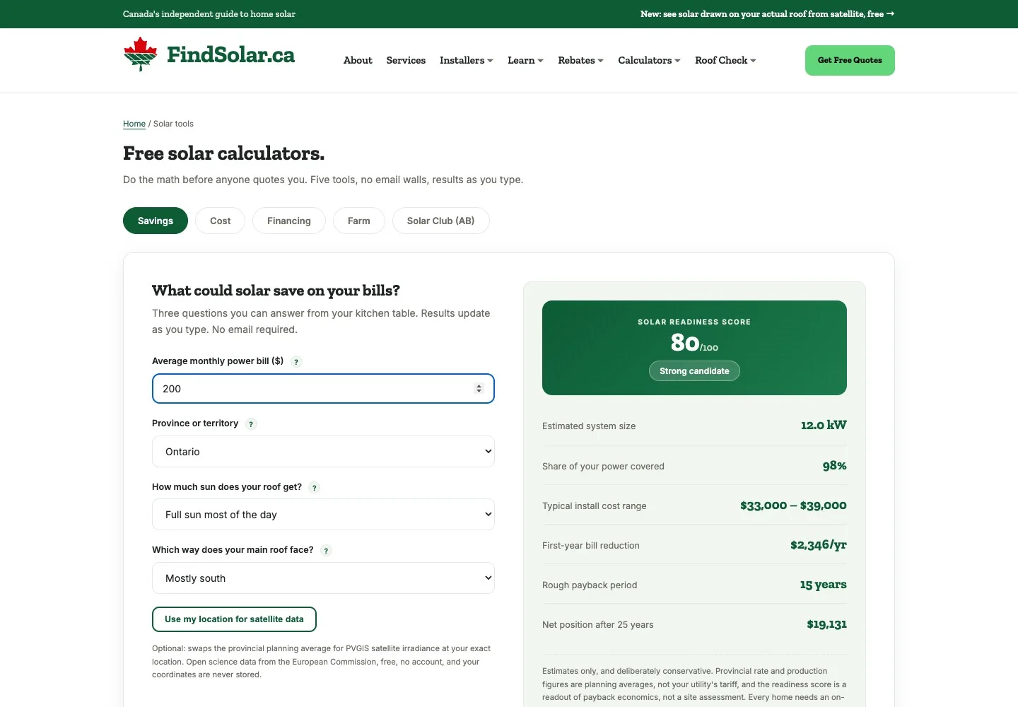 FindSolar: Useful numbers before the enquiry